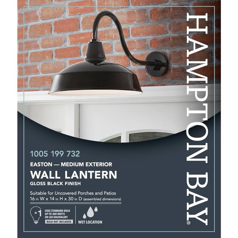 Lámpara de pared exterior Hampton Bay Easton de 14 pulgadas con un foco, estilo granero, negro, con cableado duro y pantalla de acero, sin foco incluido - KHC1691A-3.