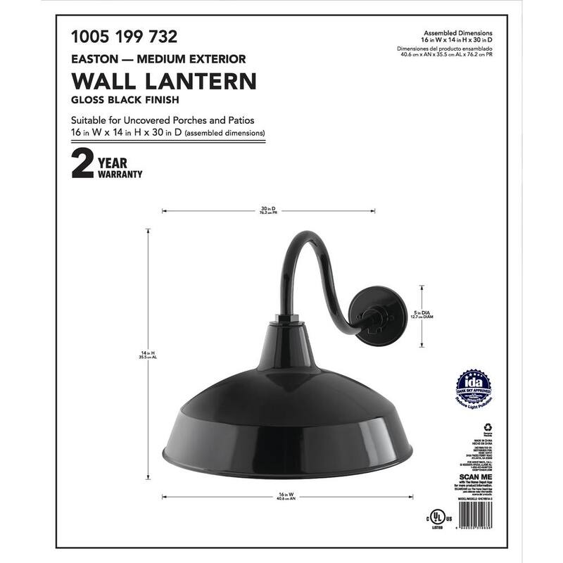 Lámpara de pared exterior Hampton Bay Easton de 14 pulgadas con un foco, estilo granero, negro, con cableado duro y pantalla de acero, sin foco incluido - KHC1691A-3.