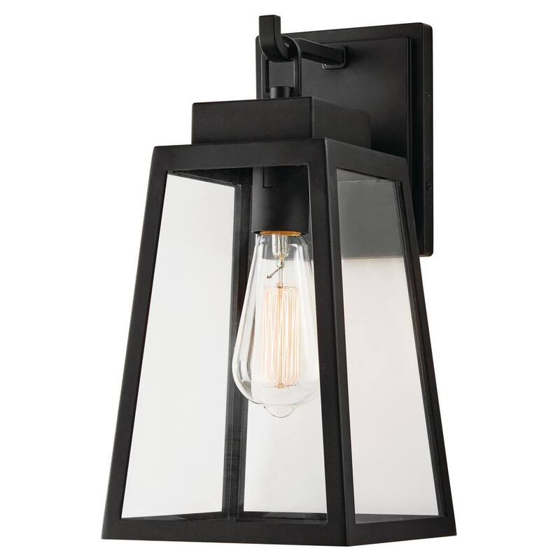 Linterna de pared exterior Hampton Bay Corbin Medium de 13 pulgadas, moderna, de un foco, con diseño cónico en color negro, con cableado duro y pantalla de cristal transparente - W2205-21