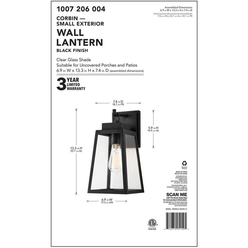 Linterna de pared exterior Hampton Bay Corbin Medium de 13 pulgadas, moderna, de un foco, con diseño cónico en color negro, con cableado duro y pantalla de cristal transparente - W2205-21