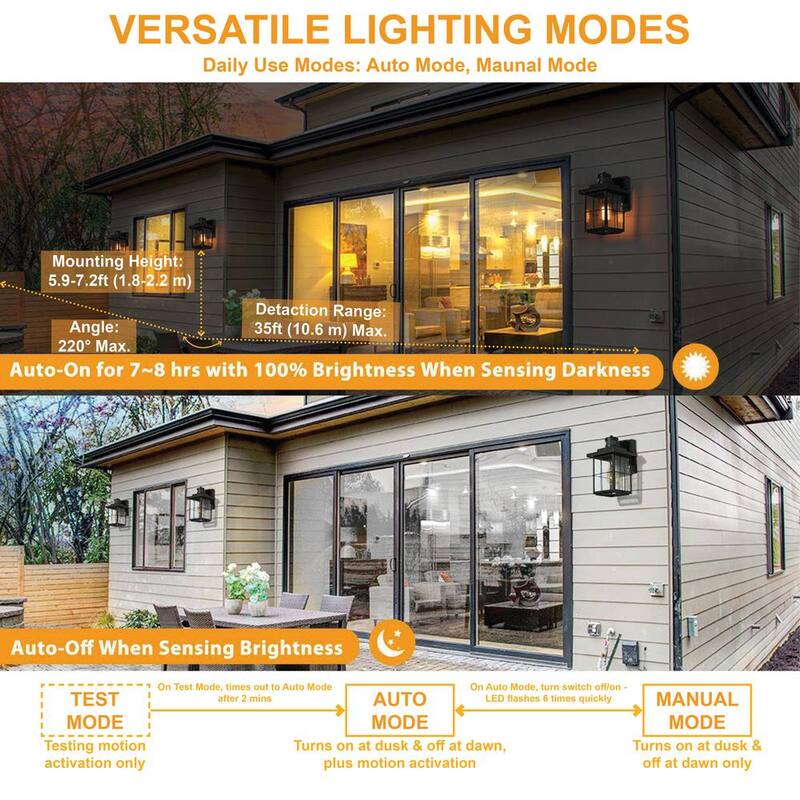 Lámpara de pared exterior moderna LNC con sensor de movimiento, Aplique negro de exteriores con 1 luz para porche, cochera, pérgola, cenador, jardín - NFZER3HD14745I8