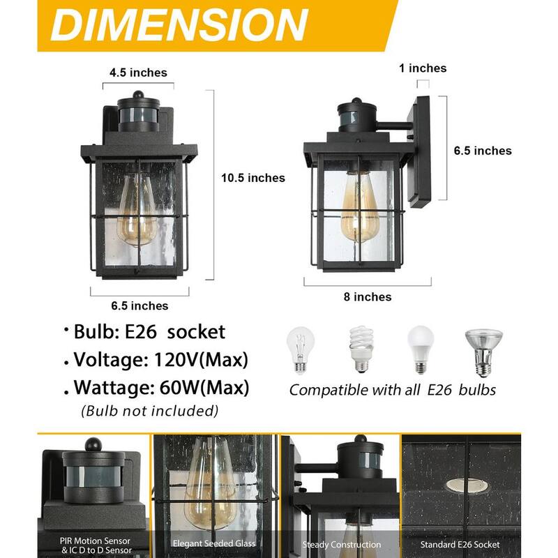 Lámpara de pared exterior moderna LNC con sensor de movimiento, Aplique negro de exteriores con 1 luz para porche, cochera, pérgola, cenador, jardín - NFZER3HD14745I8