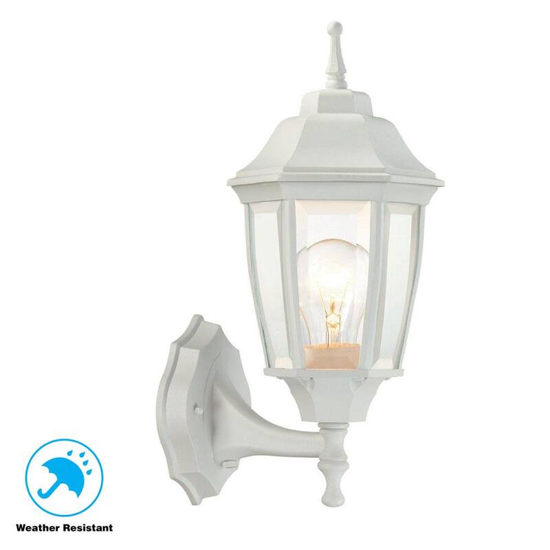 Lámpara de pared decorativa para exteriores Hampton Bay de amanecer a anochecer en color blanco de 14.37 pulgadas - G14796-WH.