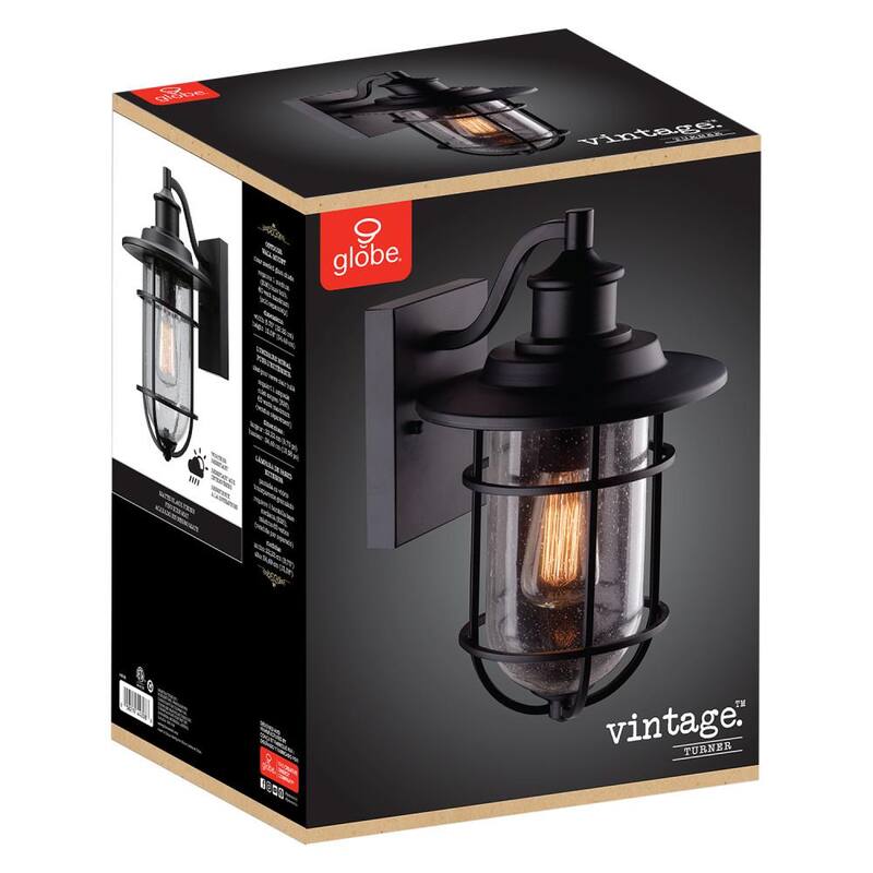 Lámpara de pared de granero negra Turner de Globe Electric para interior/exterior con vidrio transparente sembrado - 44308