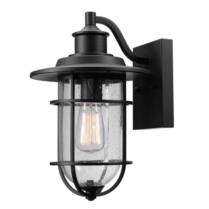 Lámpara de pared de granero negra Turner de Globe Electric para interior/exterior con vidrio transparente sembrado - 44308