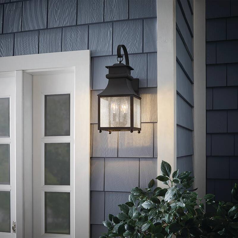 Colección de Decoradores para el Hogar Rainbrook 18 in. Aplique de luz de pared para exteriores de 2 luces en negro mate con vidrio sembrado - 13654