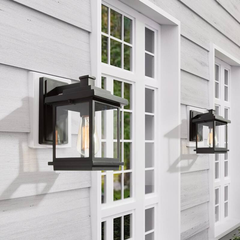 Lámpara de pared para exteriores LNC Square de 1 luz en color negro con pantalla de vidrio transparente, luz de pared exterior moderna para patio jardín - A03156