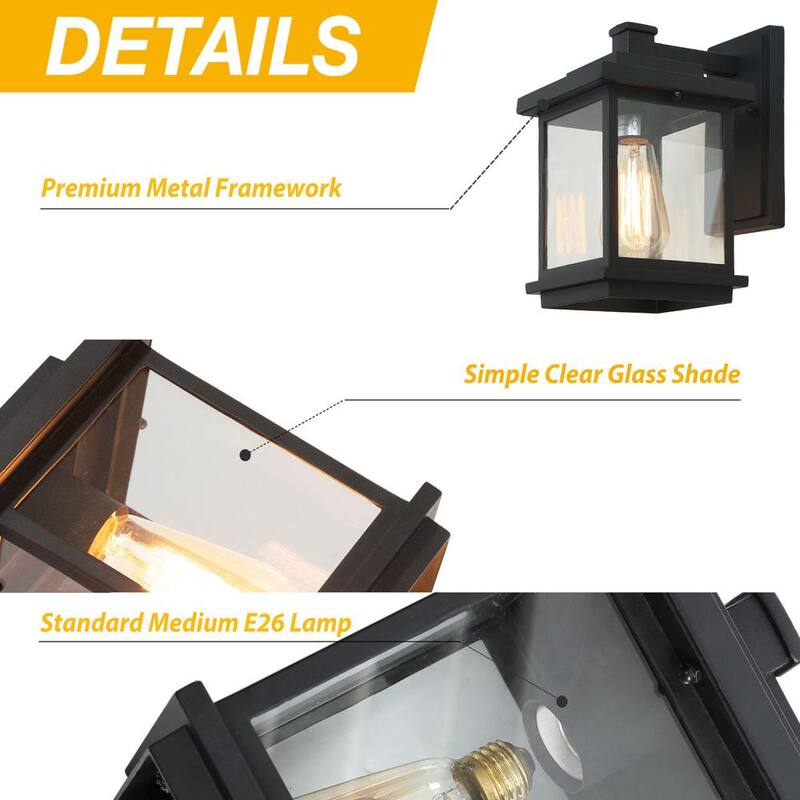 Lámpara de pared para exteriores LNC Square de 1 luz en color negro con pantalla de vidrio transparente, luz de pared exterior moderna para patio jardín - A03156