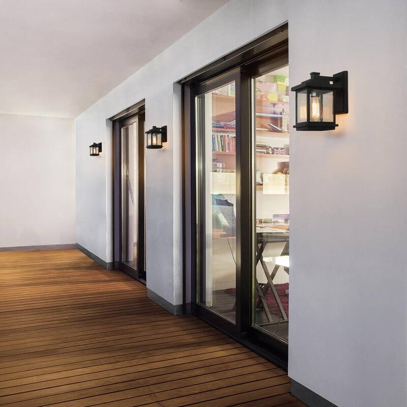 Lámpara de pared para exteriores LNC Square de 1 luz en color negro con pantalla de vidrio transparente, luz de pared exterior moderna para patio jardín - A03156