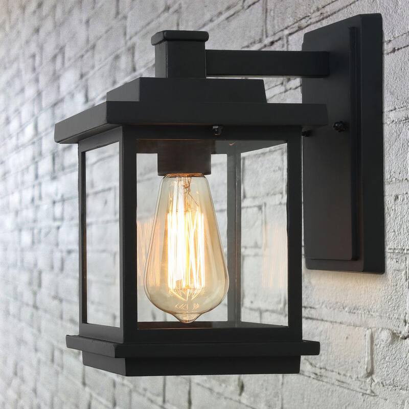 Lámpara de pared para exteriores LNC Square de 1 luz en color negro con pantalla de vidrio transparente, luz de pared exterior moderna para patio jardín - A03156