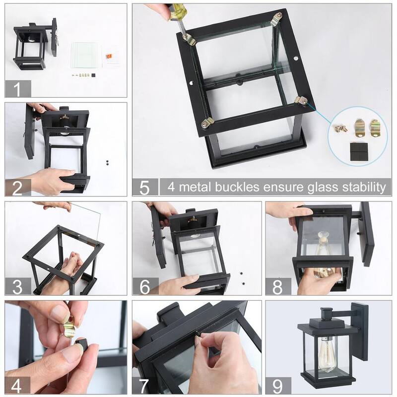 Lámpara de pared para exteriores LNC Square de 1 luz en color negro con pantalla de vidrio transparente, luz de pared exterior moderna para patio jardín - A03156
