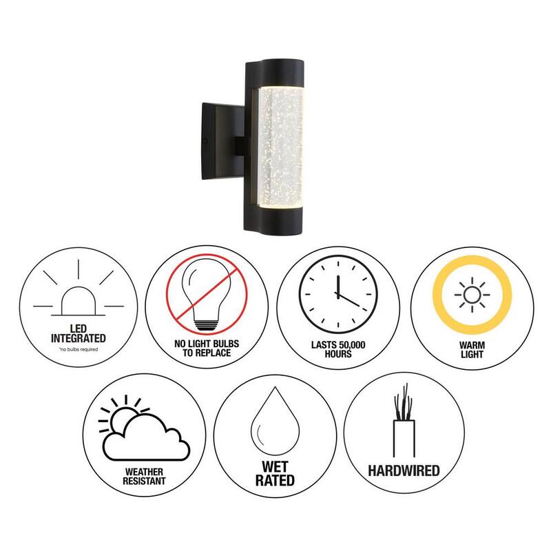 Colección de Decoradores para el Hogar Ansel 11.3 in. Luminaria de Pared Exterior para Garage y Porche con Vidrio de Burbujas Moderno en Negro Integrado con LED Cableado Duro en forma de Cilindro - Aplique de Pared AMP105-HDCBL