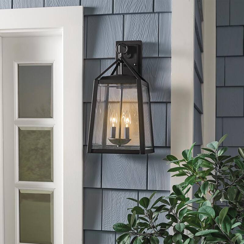 Colección de decoradores para el hogar Blakeley 19.25 pulgadas de lámpara de pared exterior negra de 2 luces de estilo transicional con cristal biselado claro - 19905