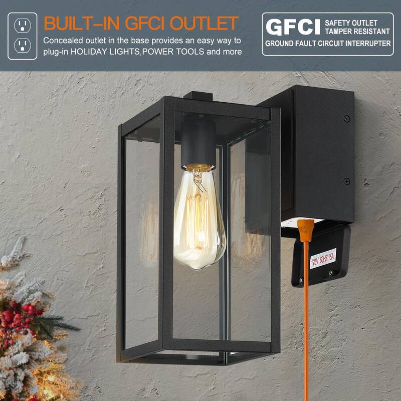 Verdadero y Fino Linterna de Pared para Exteriores Trevot de 1 Luz de 12 pulgadas en Negro con Enchufes GFCI Incorporados - TD130001OT.