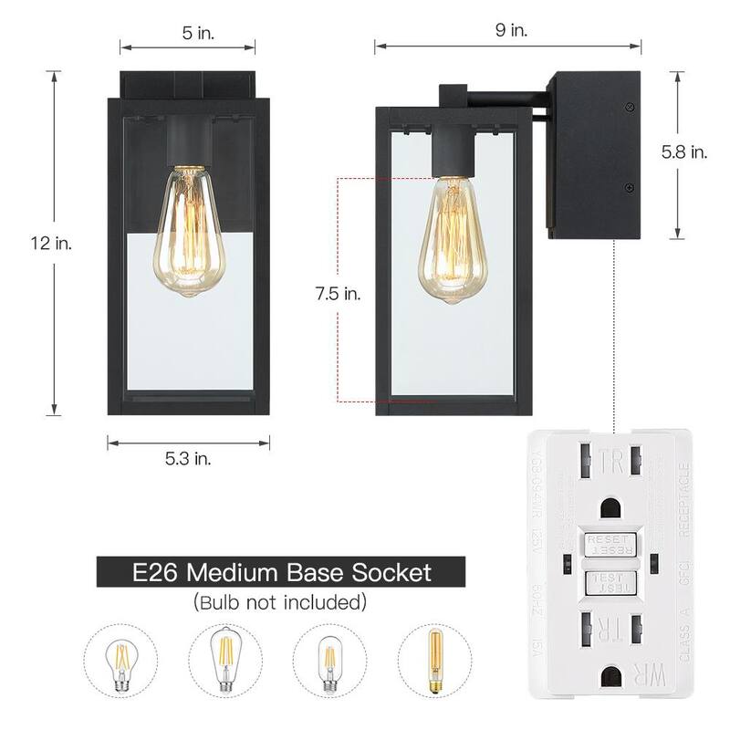 Verdadero y Fino Linterna de Pared para Exteriores Trevot de 1 Luz de 12 pulgadas en Negro con Enchufes GFCI Incorporados - TD130001OT.