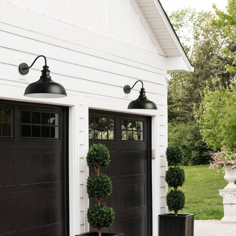 Lámpara de pared para exterior con cuello de ganso y moderno diseño negro, con luz de atardecer a amanecer y pantalla metálica - JE-W6337C