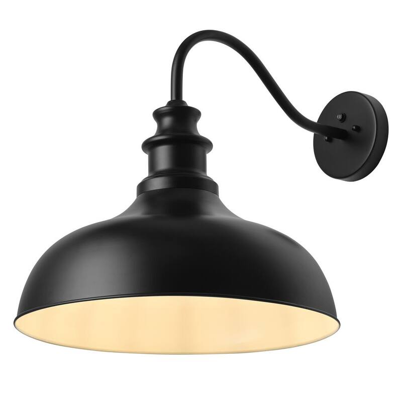 Lámpara de pared para exterior con cuello de ganso y moderno diseño negro, con luz de atardecer a amanecer y pantalla metálica - JE-W6337C