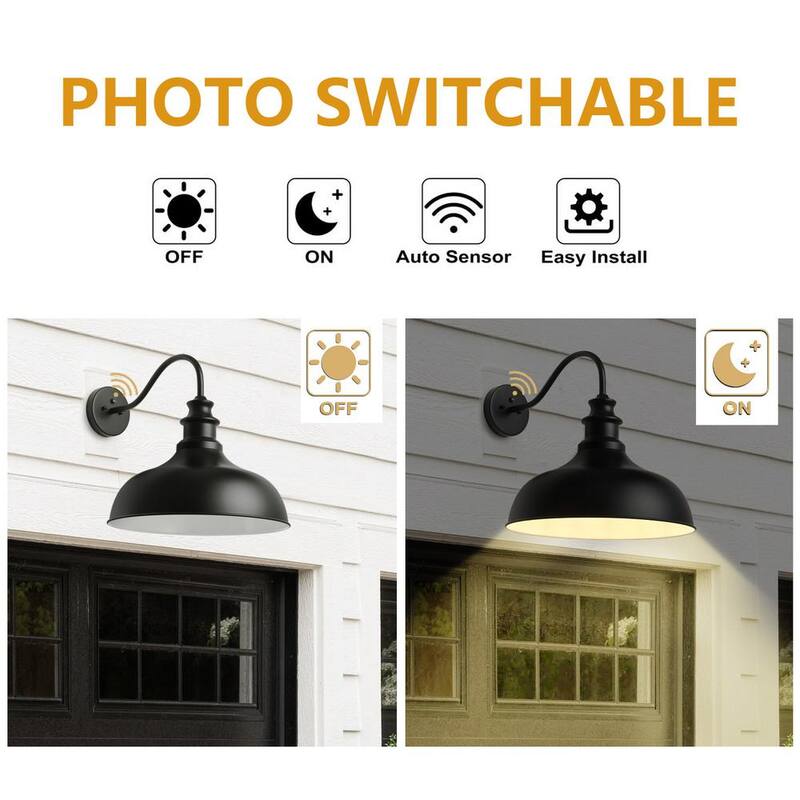 Lámpara de pared para exterior con cuello de ganso y moderno diseño negro, con luz de atardecer a amanecer y pantalla metálica - JE-W6337C