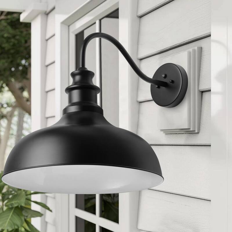 Lámpara de pared para exterior con cuello de ganso y moderno diseño negro, con luz de atardecer a amanecer y pantalla metálica - JE-W6337C