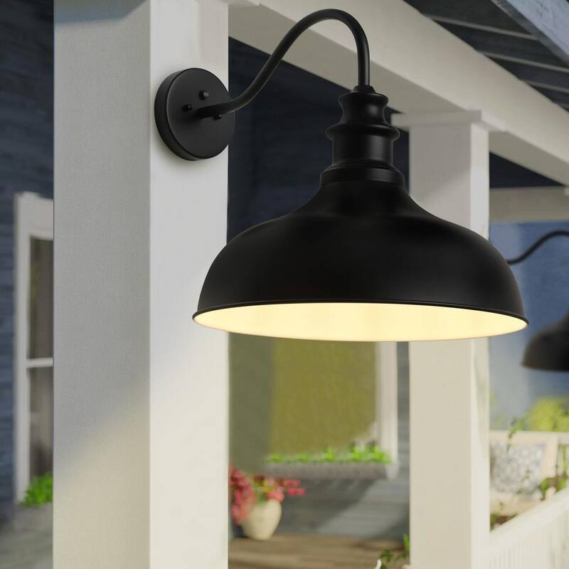 Lámpara de pared para exterior con cuello de ganso y moderno diseño negro, con luz de atardecer a amanecer y pantalla metálica - JE-W6337C