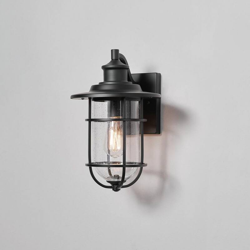 Lámpara de pared exterior Hampton Bay de 13.5 pulgadas y 1 luz en negro mate moderno con cableado duro y sin foco incluido - 44891.