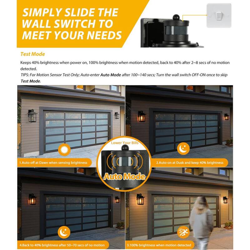 Luminaria exterior moderna LNC negra con sensor de movimiento y pantalla de vidrio con semillas, linterna de pared para puerta frontal de estilo granja con 1 luz (paquete de 2) - EV26JRHD1745DG8.