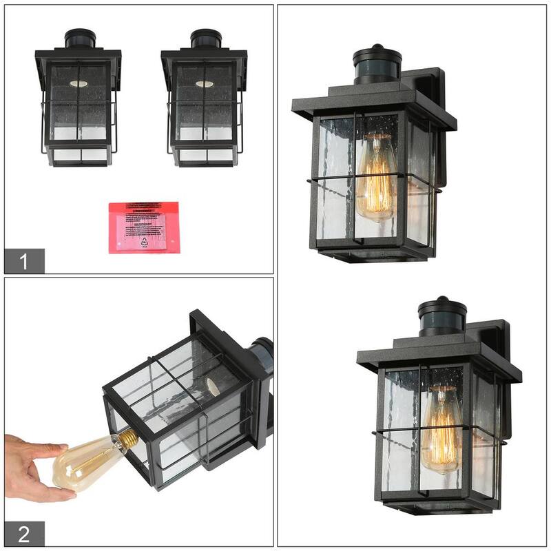 Luminaria exterior moderna LNC negra con sensor de movimiento y pantalla de vidrio con semillas, linterna de pared para puerta frontal de estilo granja con 1 luz (paquete de 2) - EV26JRHD1745DG8.