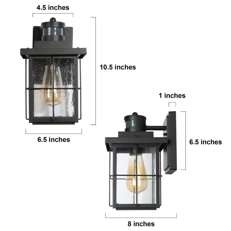 Luminaria exterior moderna LNC negra con sensor de movimiento y pantalla de vidrio con semillas, linterna de pared para puerta frontal de estilo granja con 1 luz (paquete de 2) - EV26JRHD1745DG8.