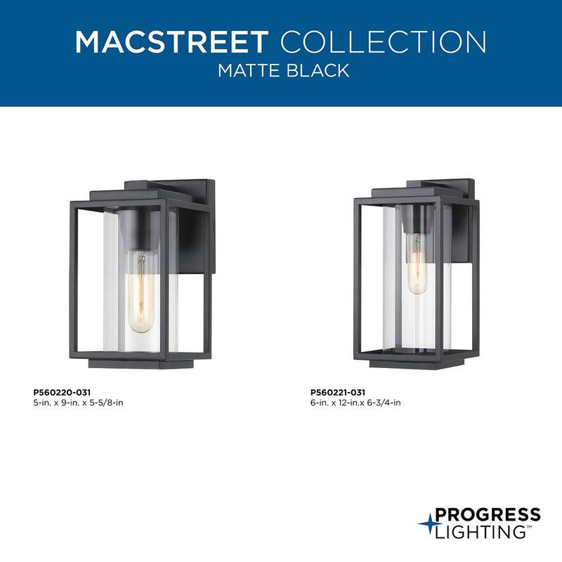 Lámpara de pared exterior moderna de 1 luz en negro mate con vidrio transparente de 12 pulgadas de Progress Lighting Macstreet - P560221-031.
