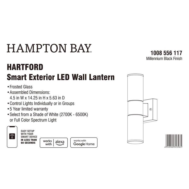 Luz de pared exterior cilíndrica Hampton Bay Hartford de 14.25 pulgadas en color negro millenium con LED inteligente cableado alimentado por Hubspace - KIF1602LX-01/BK