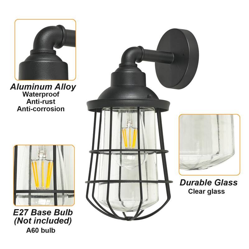 Marca privada sin marca 13.48 pulgadas 1 luz negro alámbrica Náutico Exterior Linterna de pared Scone con bombilla no incluida - G19332