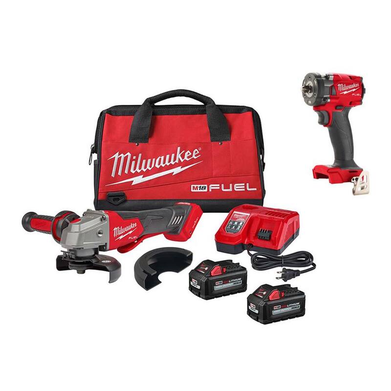 Kit de amoladora inalámbrica Milwaukee M18 FUEL de 18 volts con motor sin escobillas de 4-1/2 pulgadas/5 pulgadas y freno, con llave de impacto compacta M18 FUEL - 2882-22-2854-20.