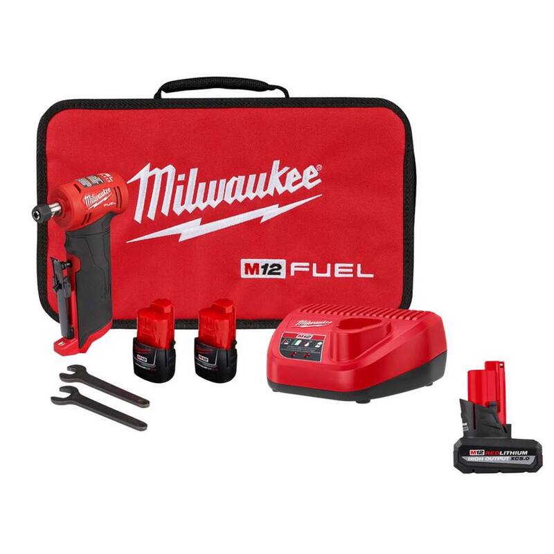 Milwaukee M12 FUEL 12V Rectificadora de ángulo recto sin escobillas de 1/4 de pulgada con batería de iones de litio inalámbrica y kit de M12 XC con batería de alta potencia de 5.0 Ah - 2485-22-48-11-2450