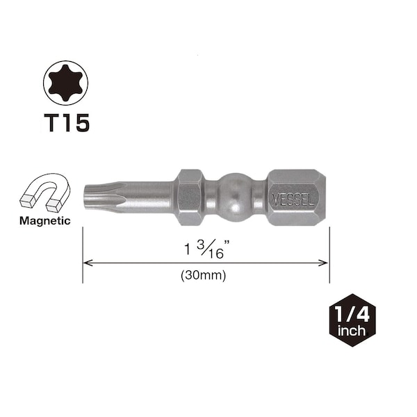 Vessel IMPACT BALL Torsion Bit T15x30, PK25 - IBTX1530P25K
