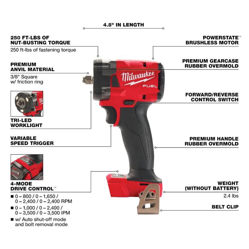 Molinillo de matriz de velocidad variable sin escobillas Milwaukee M18 FUEL de 18 voltios con interruptor tipo paleta y llave de impacto de 3/8 pulgadas - 2984-20-2854-20