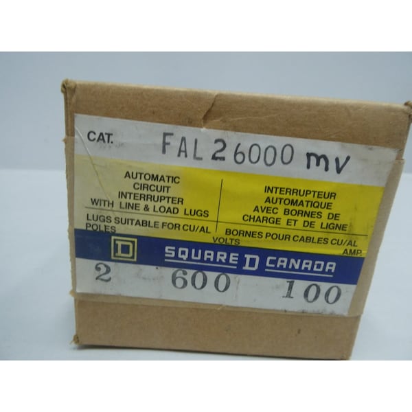 Square D Molded Case Circuit Breaker, FAL Series, 100A, 2 Pole, 600V AC - FAL26000MV