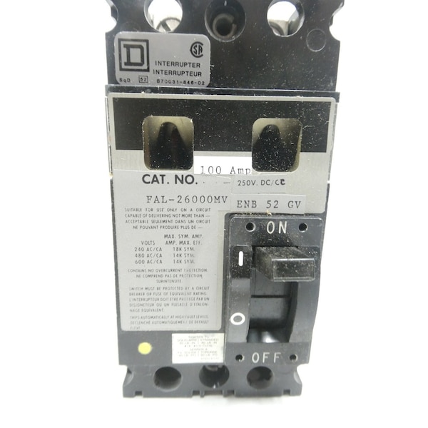 Square D Molded Case Circuit Breaker, FAL Series, 100A, 2 Pole, 600V AC - FAL26000MV