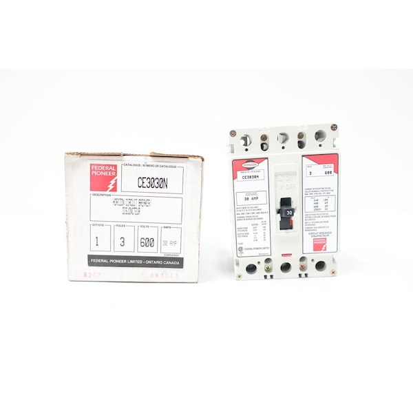 Federal Pioneer Molded Case Circuit Breaker, 30A, 3 Pole, 600V AC - CE3030N