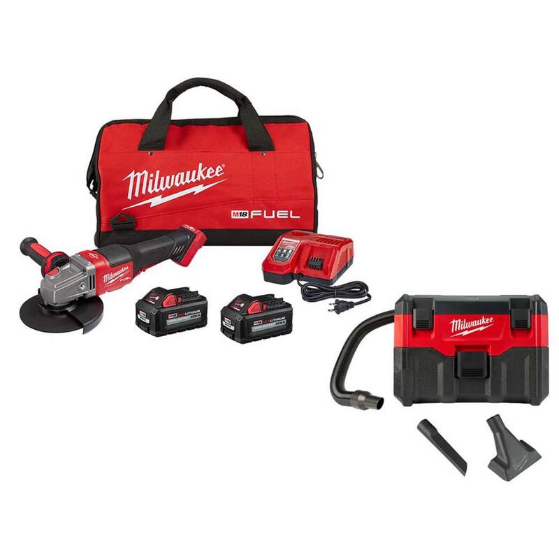 Milwaukee M18 FUEL 18-Volt Lithium-Ion Brushless Amoladora inalámbrica de 4-1/2 pulgadas/6 pulgadas con interruptor de paleta Kit con aspiradora inalámbrica húmeda/seca - 2980-22-0880-20