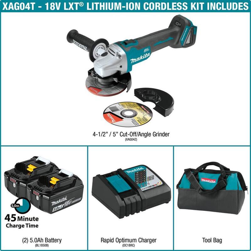 Kit de esmeriladora angular inalámbrica sin escobillas Makita 18V 5.0Ah LXT de ion de litio de 4-1/2/5 pulgadas - XAG04T