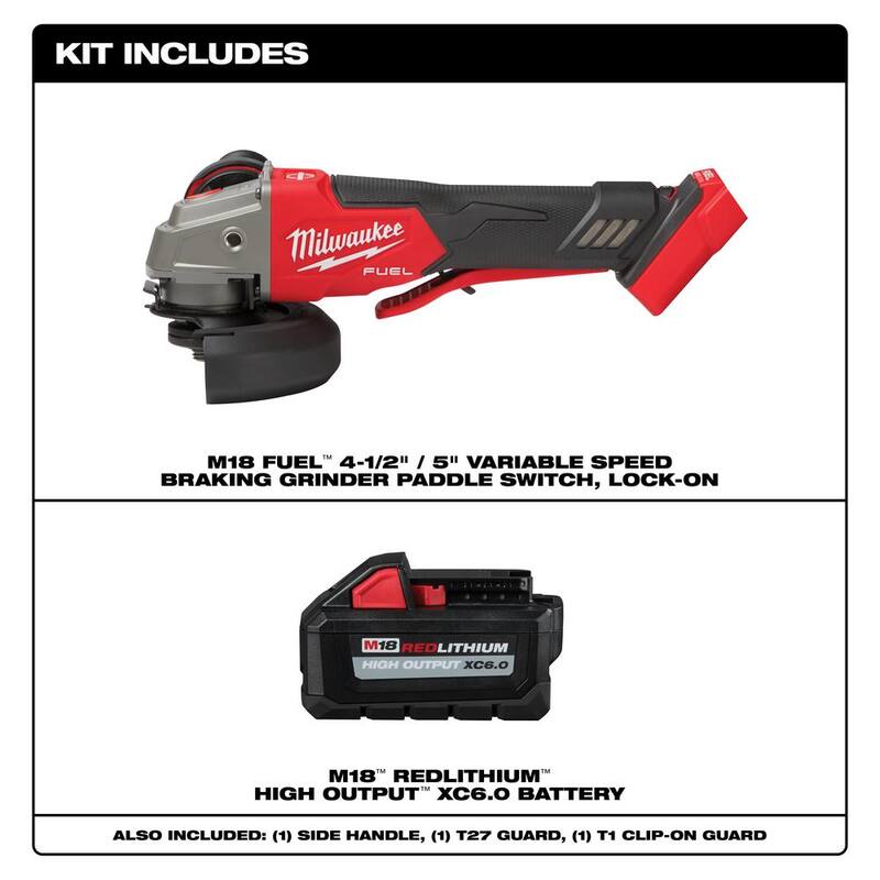 Amoladora inalámbrica sin escobillas Milwaukee M18 FUEL de 18V con batería de iones de litio de 6.0Ah y velocidad variable y switch tipo paleta de 4-1/2 in./5 in. - 2888-20-48-11-1865.