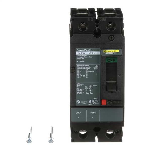 Square D Molded Case Circuit Breaker, HDL Series, 20A, 2 Pole, 600V AC, 25kA at 240V AC - HDL26020