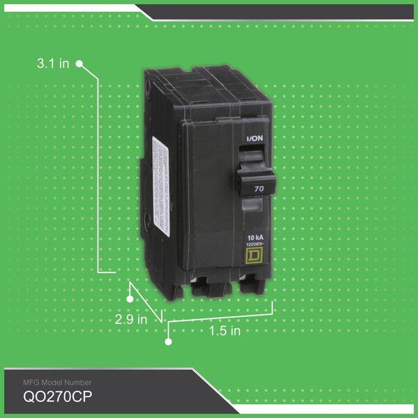 Square D Miniature Circuit Breaker, QO Series, 70A, 2 Pole, 120/240V AC, 10kA at 120/240V AC - QO270CP