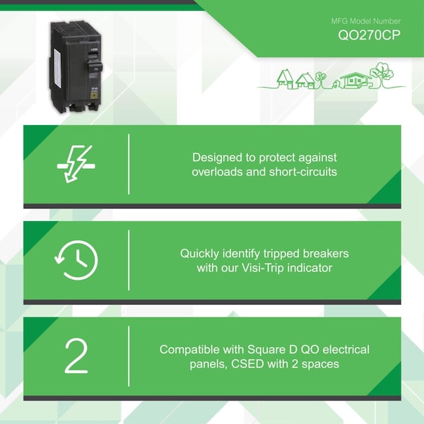 Square D Miniature Circuit Breaker, QO Series, 70A, 2 Pole, 120/240V AC, 10kA at 120/240V AC - QO270CP