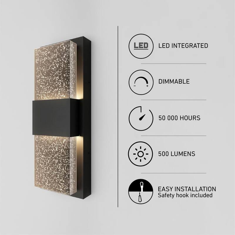Luminaria de pared con bombilla LED integrada y vidrio burbuja moderna negra para garaje y porche, con instalación eléctrica fija - OUT-MB-HD2BL