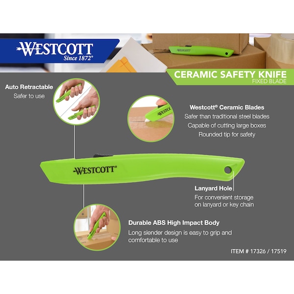 Westcott 6 in Auto-Retracting Box Opening Safety Knife, ABS, 100PK - 17326