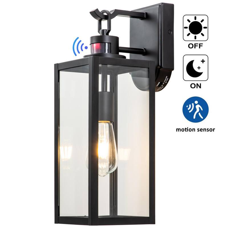 Lámpara de pared para exteriores con sensor de movimiento y luz tenue a amanecer, acabado mate en negro Cattleya con cableado duro, con sensibilidad y temporizador ajustables - HCA2331-W