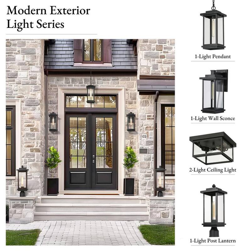 Luminaria de pared exterior moderna LNC de 1 luz en negro mate con pantalla de vidrio transparente para casa de alberca, luz de pared del frente - MJZF2EHD1156W68