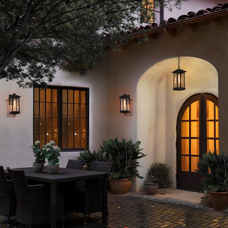 Luminaria de pared exterior moderna LNC de 1 luz en negro mate con pantalla de vidrio transparente para casa de alberca, luz de pared del frente - MJZF2EHD1156W68