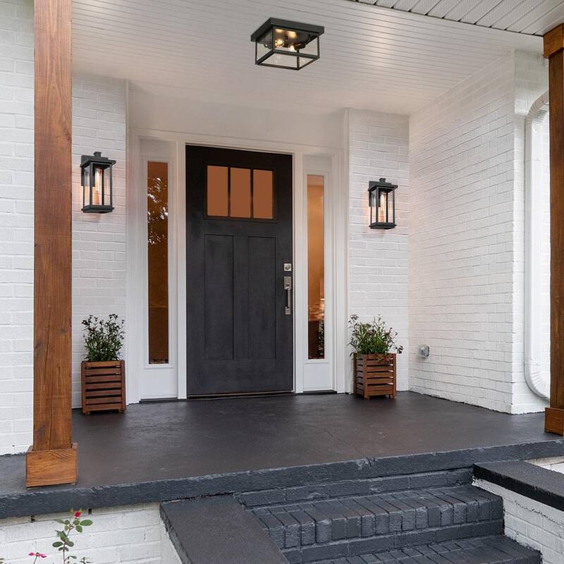 Luminaria de pared exterior moderna LNC de 1 luz en negro mate con pantalla de vidrio transparente para casa de alberca, luz de pared del frente - MJZF2EHD1156W68